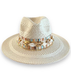 Fedora for women Flat brim hat Knit fedora Custom Fedora Embellished Panama hat Jeweled Panama hat Beach hat Cowrie shell hat Resort wear