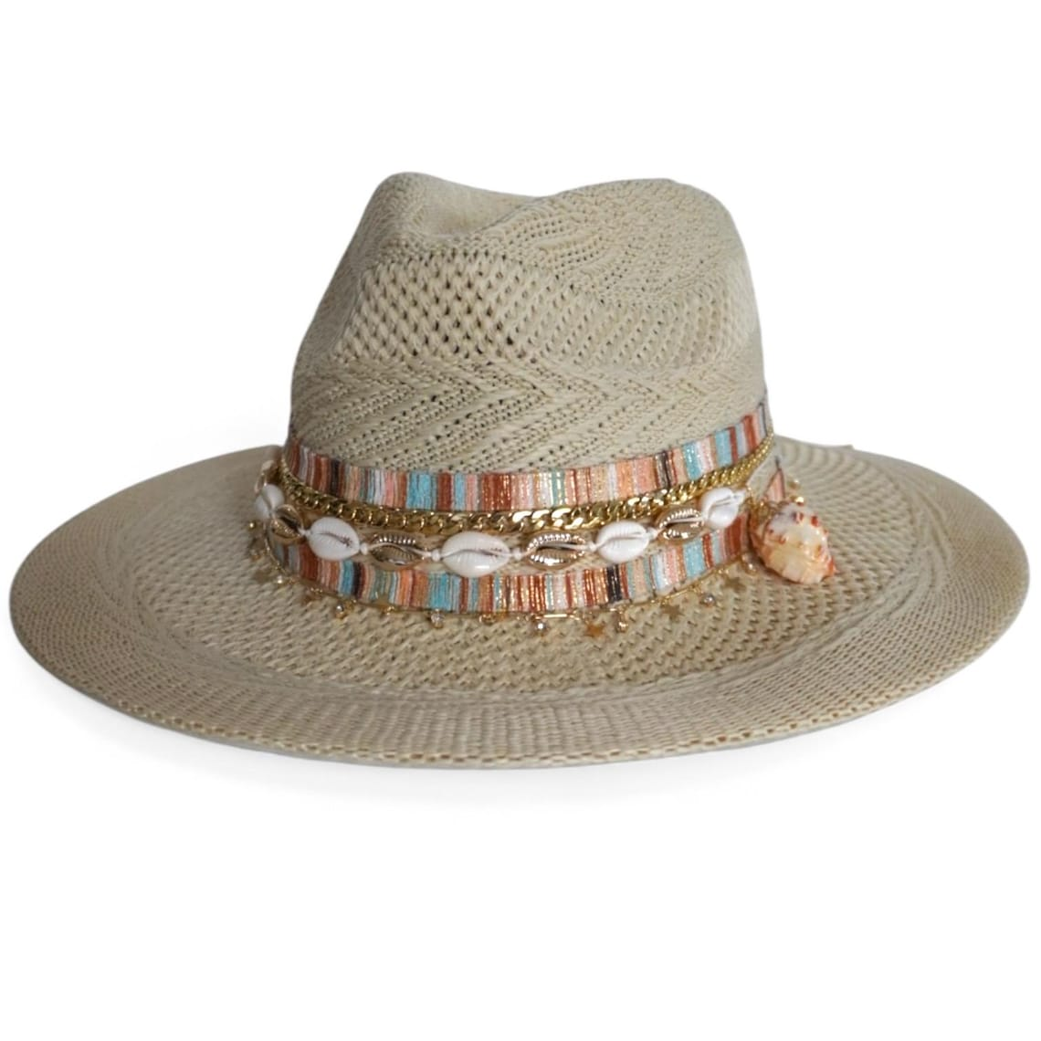Fedora for women Flat brim hat Knit fedora Custom Fedora Embellished Panama hat Jeweled Panama hat Beach hat Cowrie shell hat Resort wear