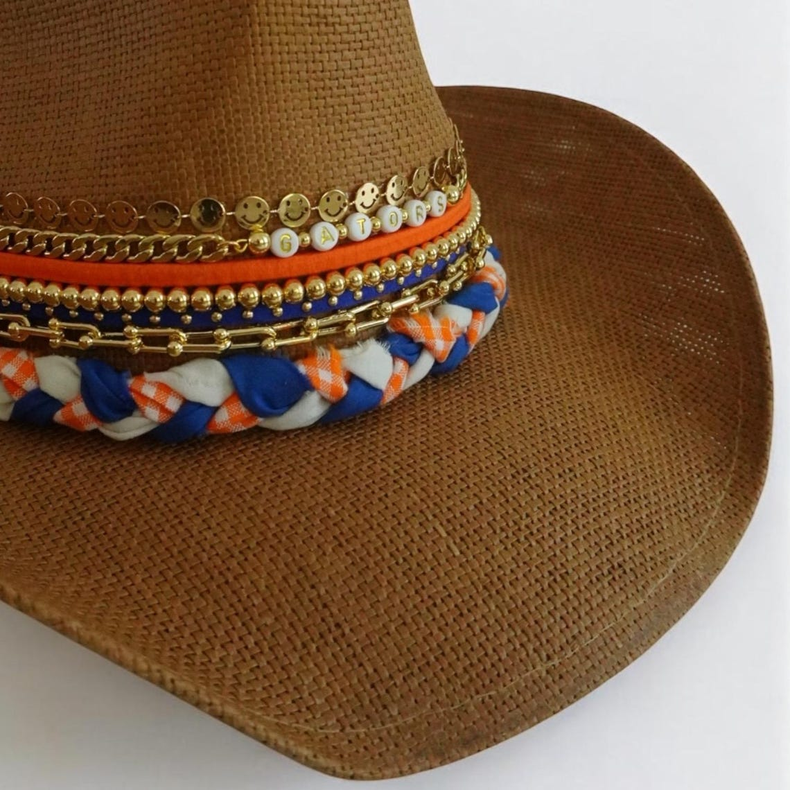 Gators UF Cowboy hat Tailgate Coquette Style University of Florida College team Blue and Orange Shabby Chic Florida Gator bed party Ruffle