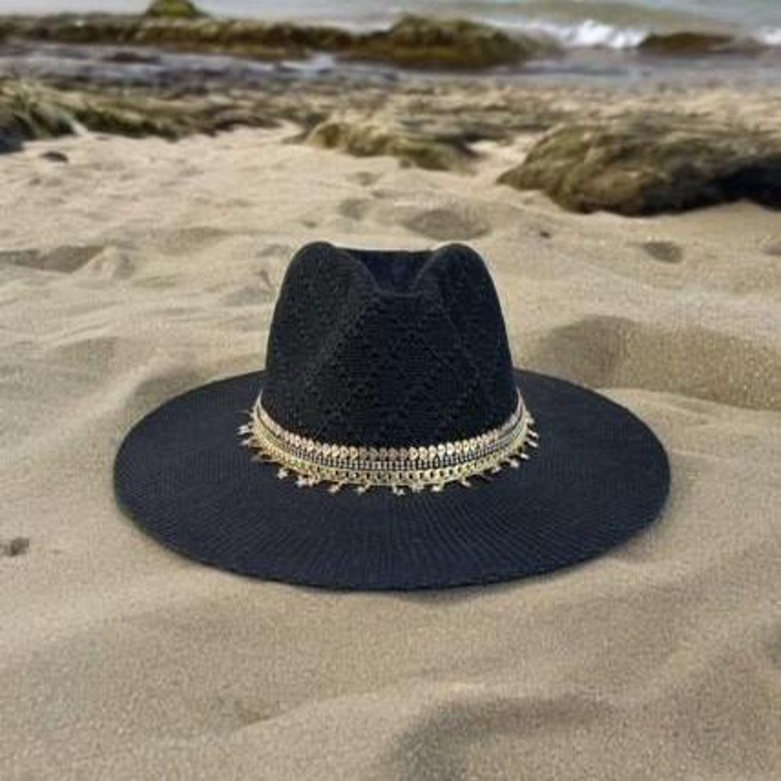 Fedora Beach hat Black Panama hat Jewled Personalized hat Embellished Boho Festival hat Resort wear Cruise hat Summer beachy Accessories