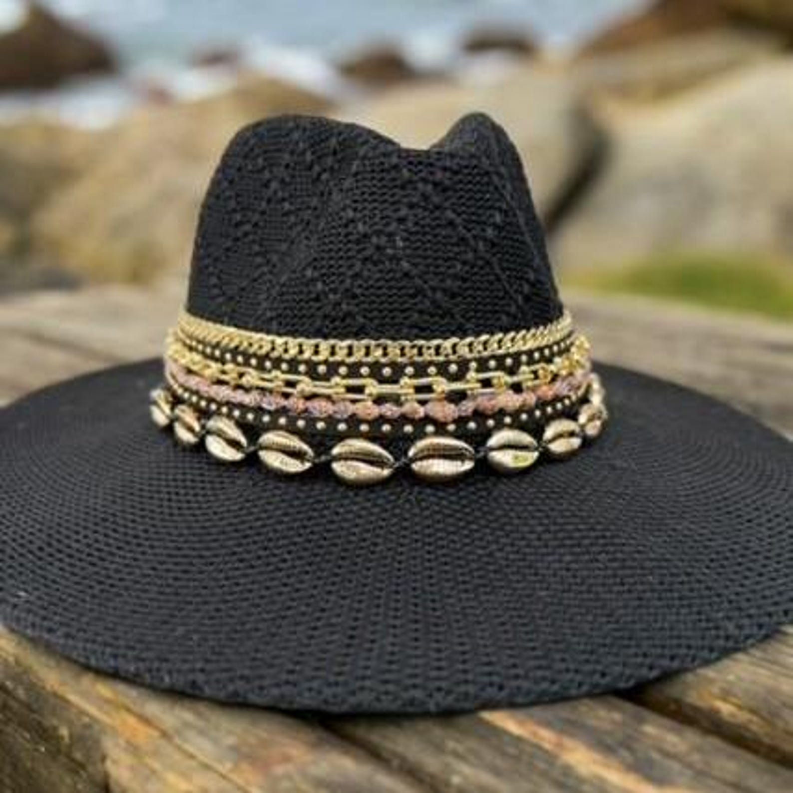 Fedora Beach hat Black Panama hat Jewled Personalized hat Embellished Boho Festival hat Resort wear Cruise hat Summer beachy Accessories