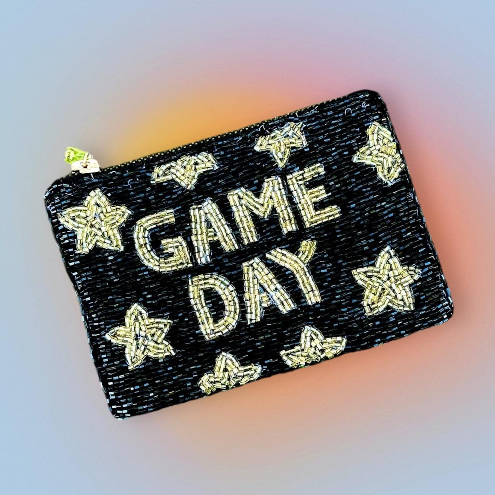 Game Day pouch beaded white coin purse Gameday coin pouch wristlet for game day zipper pouch wallet for game day coin purse white and gold