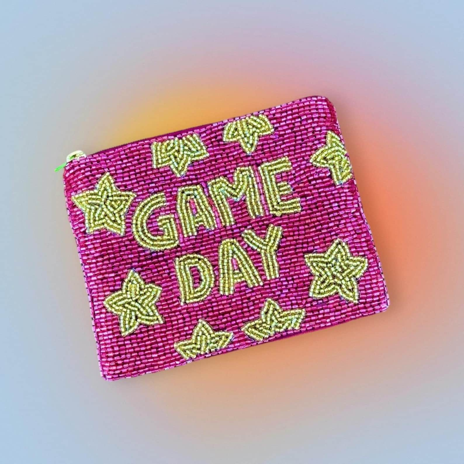 Game Day pouch beaded white coin purse Gameday coin pouch wristlet for game day zipper pouch wallet for game day coin purse white and gold