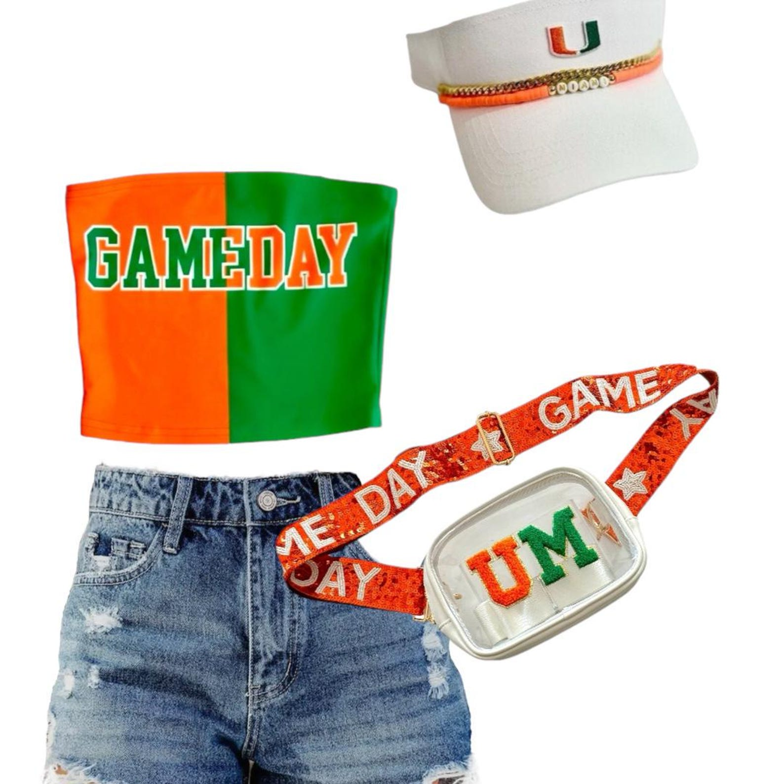 U Miami crop tops Canes crop top UM Bandeau Canes top Hurricanes crop top U Miami bandeau orange and green bandeau one shoulder crop top