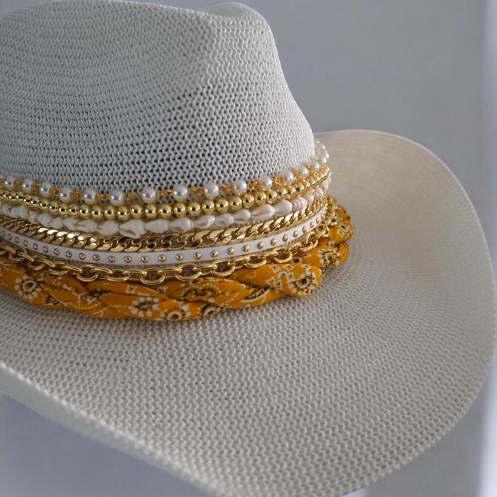 Coastal Cowgirl Hat Western Fashion Country Concert Outfit Festival Outfit Beach Jeweled Custom Hat Gold Chain bandana hat line dancing hat