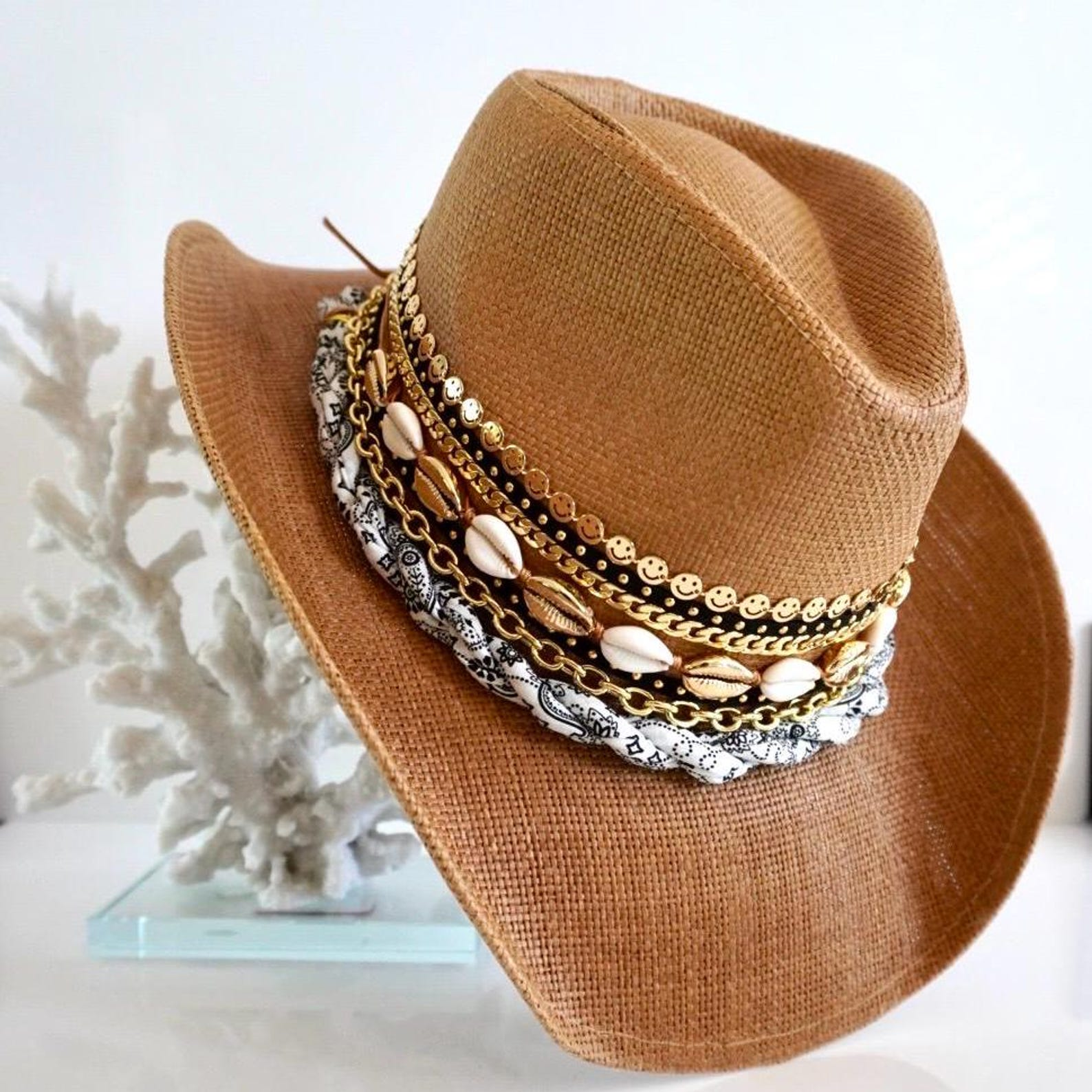 Coastal Cowgirl Beach Cowboy Hat Western Fashion Country Concert Festival Beach Outfit Jeweled bandana hat Embellished hat Bachelorette