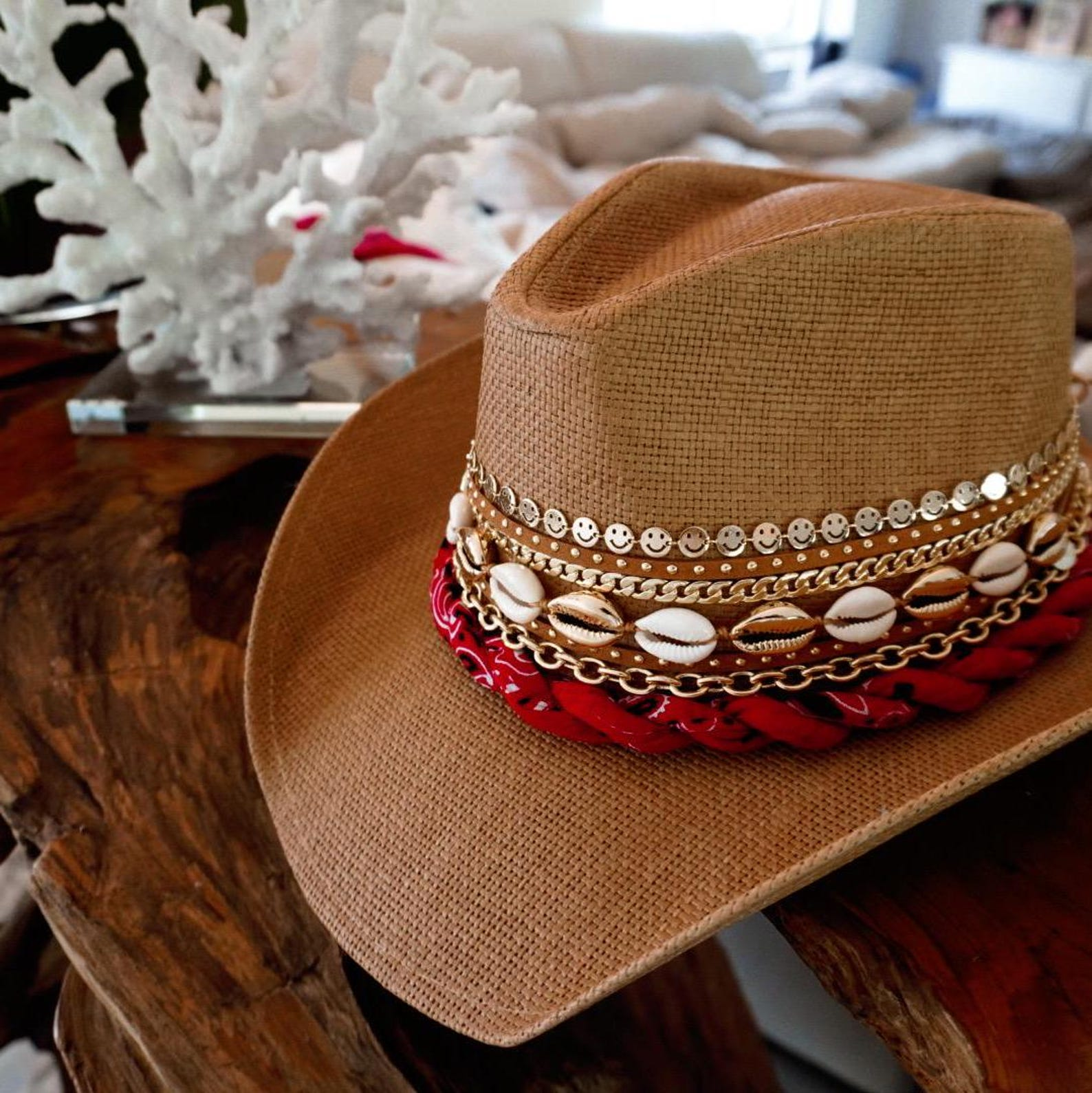 Coastal Cowgirl Beach Cowboy Hat Western Fashion Country Concert Festival Beach Outfit Jeweled bandana hat Embellished hat Bachelorette