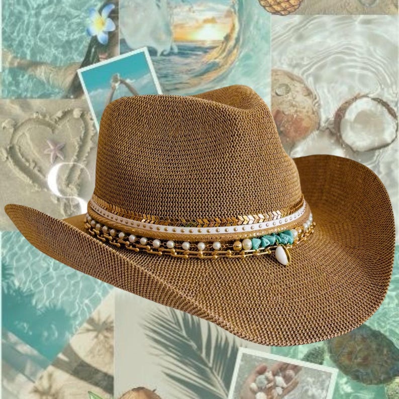 Coastal Cowgirl Summer Straw Beach hat Jeweled Cowboy hat Island Lux Cowgirl hat Custom Shell Turquoise Resort Wear Style Vacation Accessory
