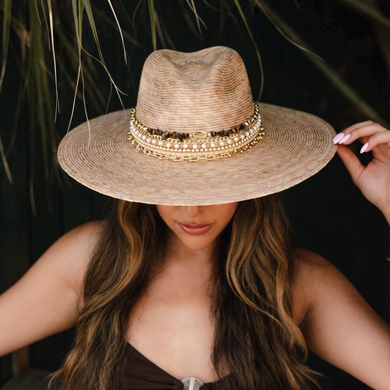 Palm Panama hat Elegant Island Luxe Jeweled Wide brim Fine Palm Embellished Luxury Glamorous Vacation Hat Resort Wear Summer Chic Decorated