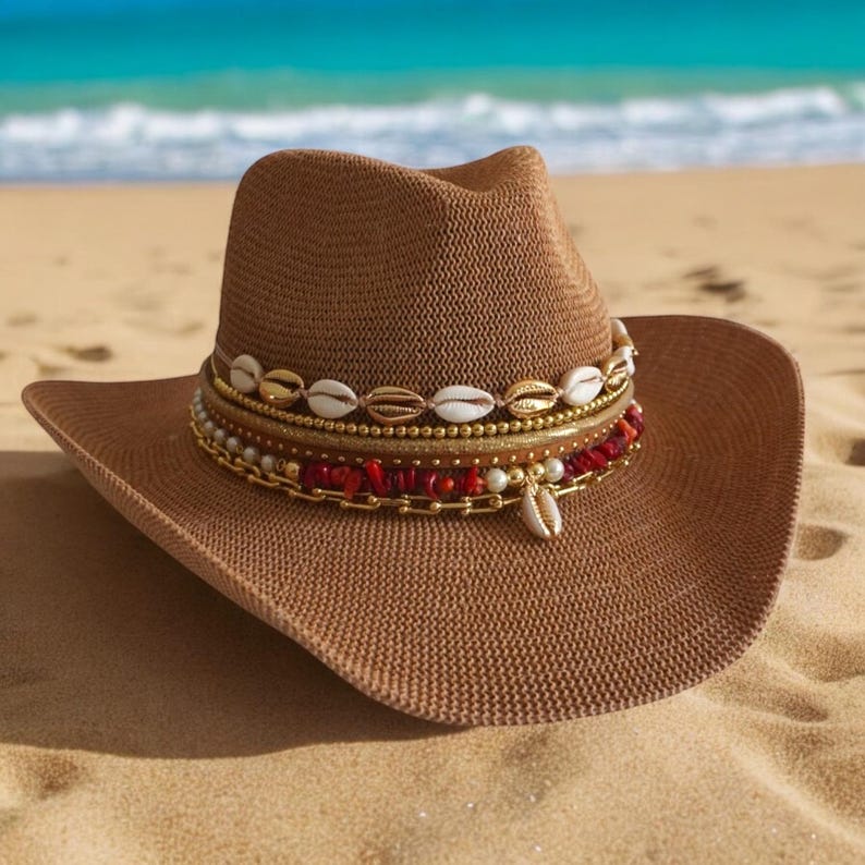 Beach hat Jeweled Cowboy hat Island Lux Coastal Cowgirl Summer Straw Cowgirl hat Custom Shell Resort Wear Tropical Vacation Accessory Glam