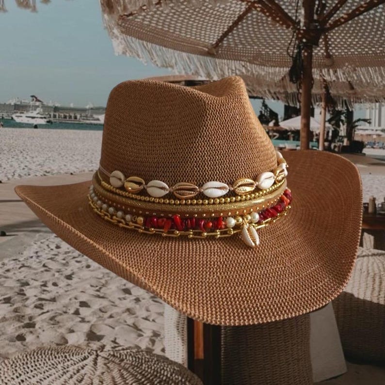 Beach hat Jeweled Cowboy hat Island Lux Coastal Cowgirl Summer Straw Cowgirl hat Custom Shell Resort Wear Tropical Vacation Accessory Glam
