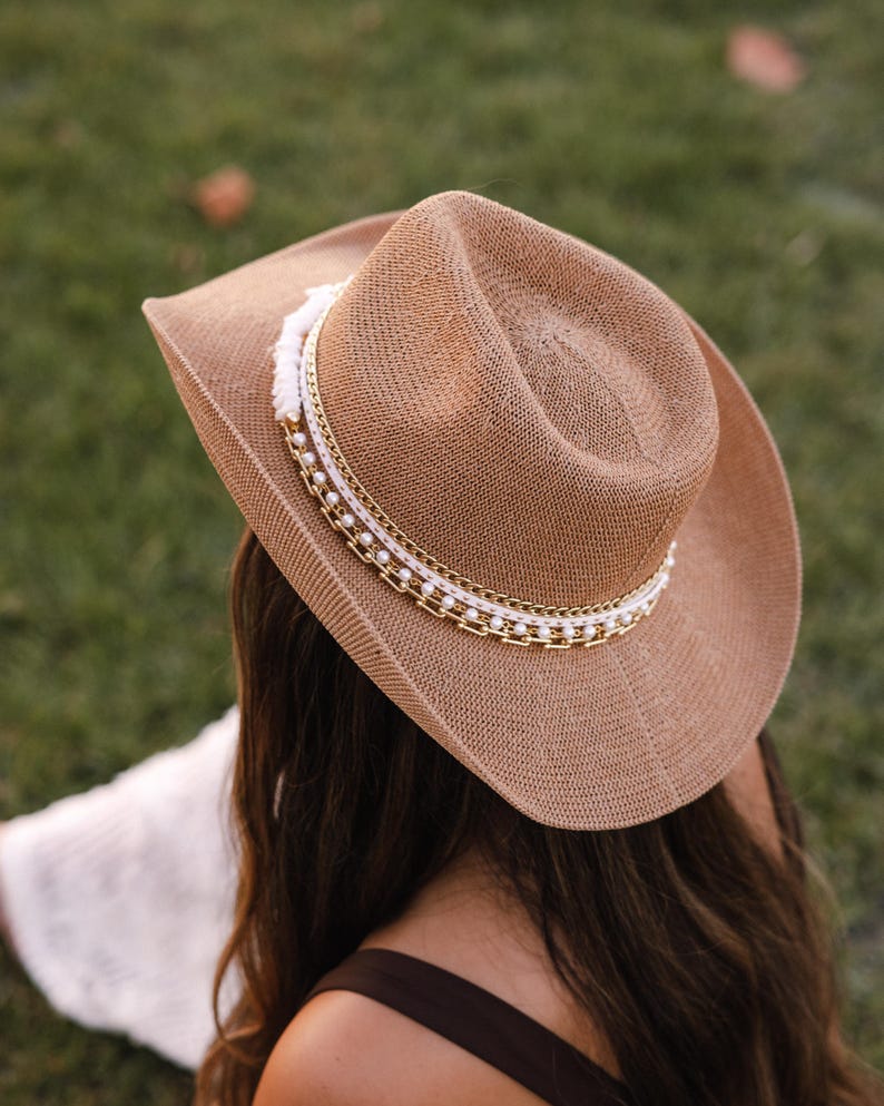 Tan Coastal Cowgirl Jeweled hat Island Luxe Glamourous Shell Beach Vacation Resort wear Bachelorette Chic Tropical Vacation Yacht hat