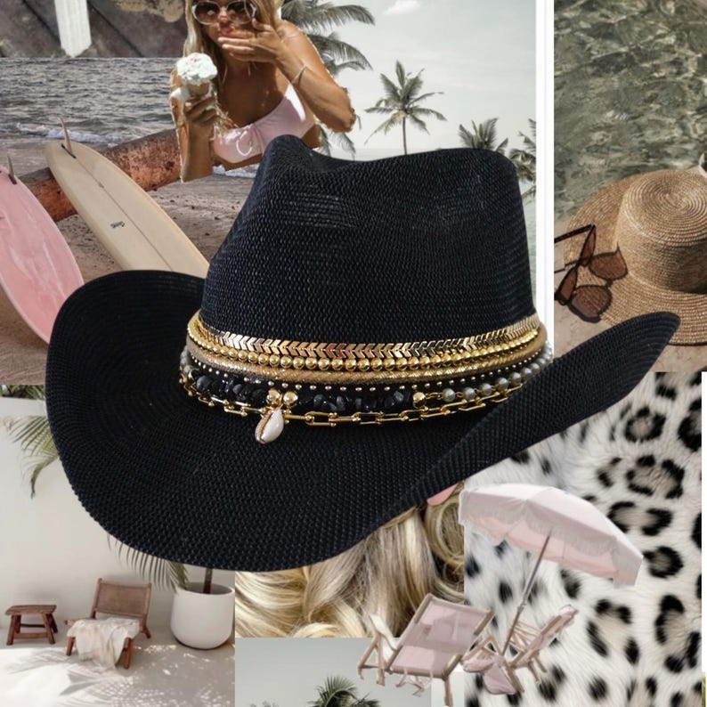 Luxury Black Straw Western Hat Coastal Cowgirl Glam Jeweled Hat Gold & Shell Designer Beaded Beach Hat for Upscale Vacations Festivals