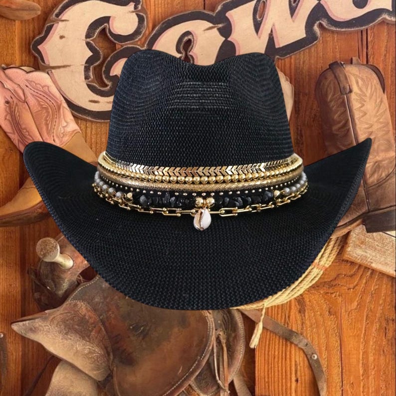 Luxury Black Straw Western Hat Coastal Cowgirl Glam Jeweled Hat Gold & Shell Designer Beaded Beach Hat for Upscale Vacations Festivals