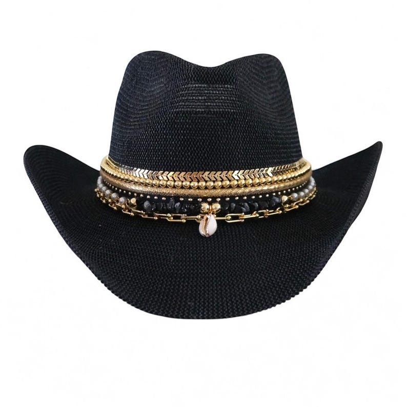 Luxury Black Straw Western Hat Coastal Cowgirl Glam Jeweled Hat Gold & Shell Designer Beaded Beach Hat for Upscale Vacations Festivals