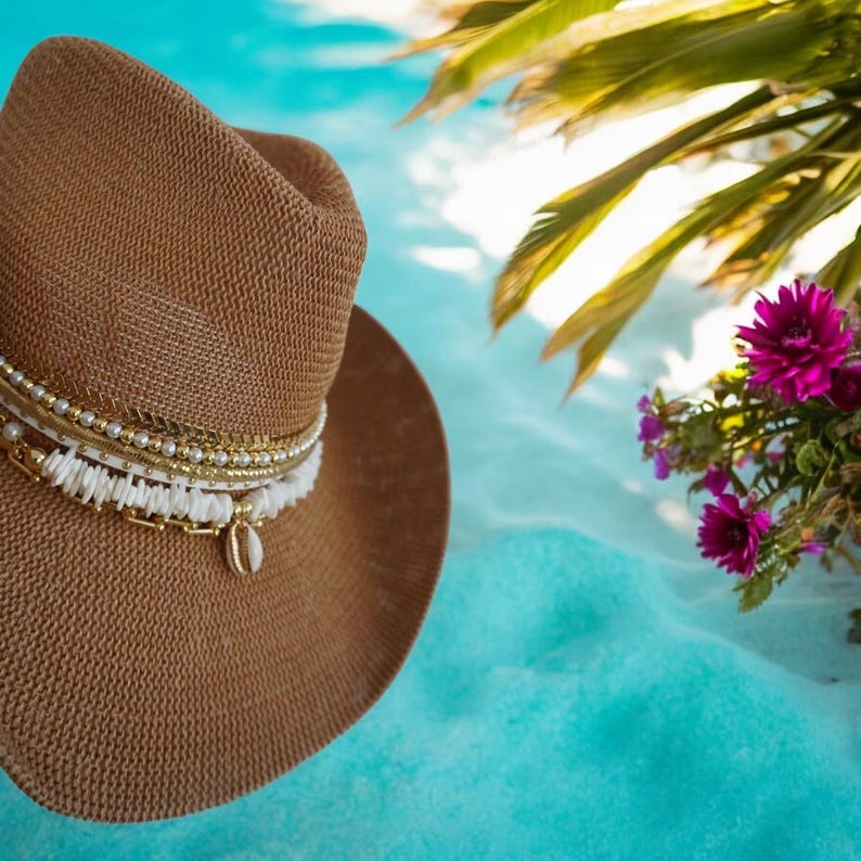 Tan Coastal Cowgirl Jeweled hat Island Luxe Glamourous Shell Beach Vacation Resort wear Bachelorette Chic Tropical Vacation Yacht hat