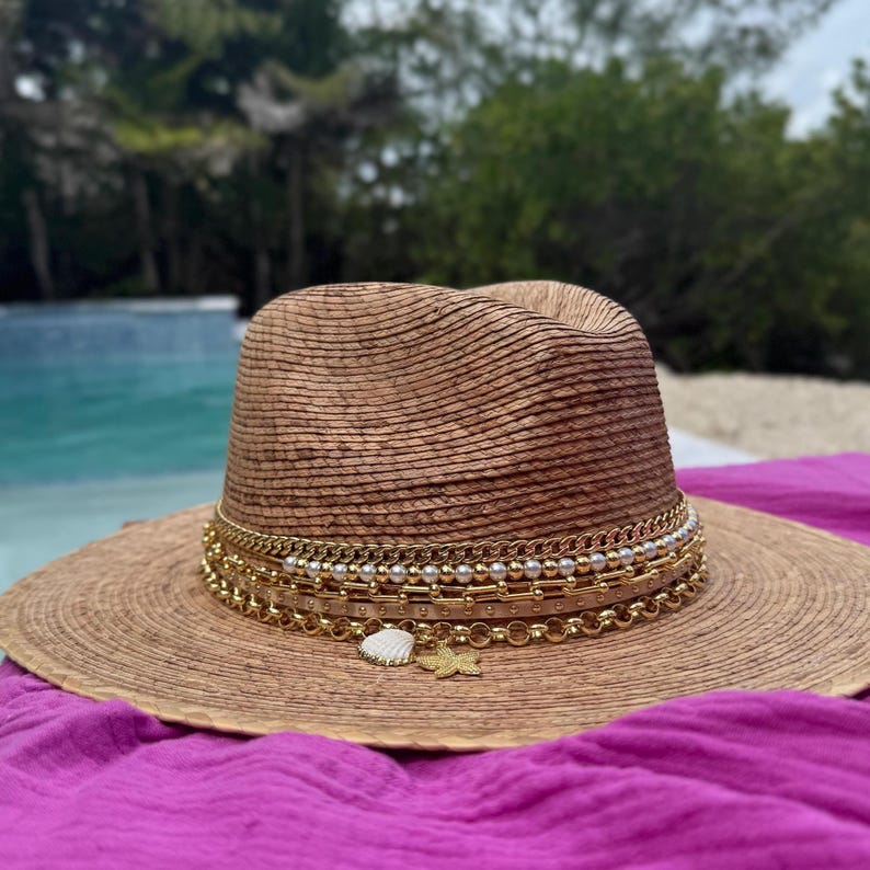 Palm Panama hat Elegant Island Luxe Jeweled Fine Palm Embellished Luxury Glamorous Vacation Hat Resort Wear Summer Chic Decorated Palmita