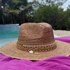 Palm Panama hat Elegant Island Luxe Jeweled Fine Palm Embellished Luxury Glamorous Vacation Hat Resort Wear Summer Chic Decorated Palmita