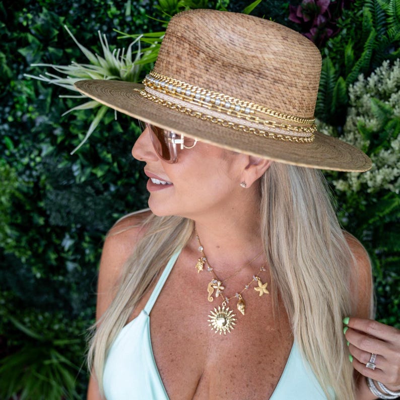 Palm Panama hat Elegant Island Luxe Jeweled Fine Palm Embellished Luxury Glamorous Vacation Hat Resort Wear Summer Chic Decorated Palmita