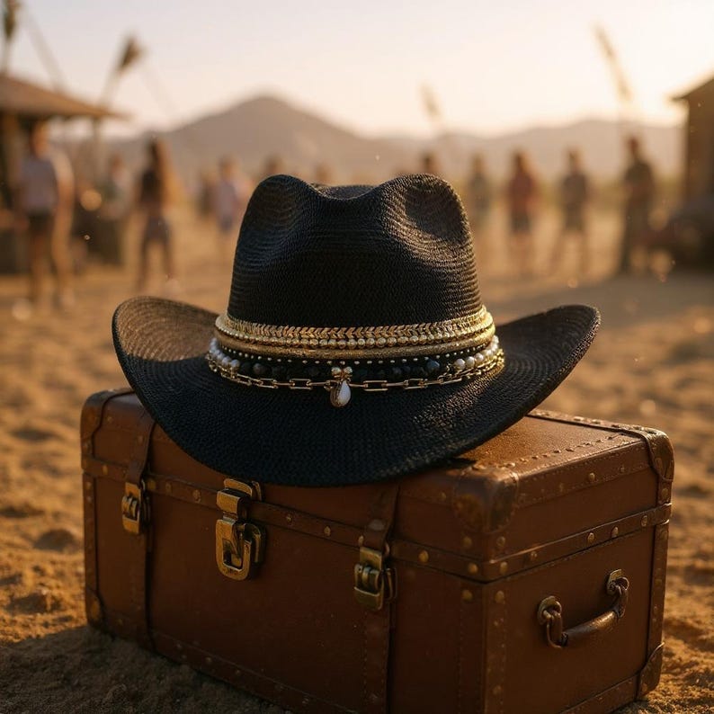 Luxury Black Straw Western Hat Coastal Cowgirl Glam Jeweled Hat Gold & Shell Designer Beaded Beach Hat for Upscale Vacations Festivals