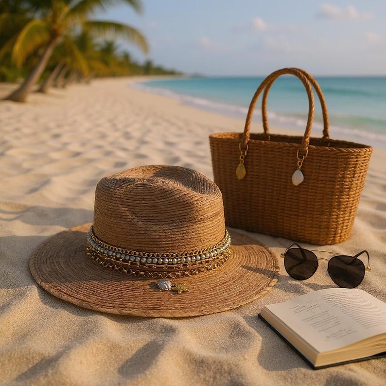 Palm Panama hat Elegant Island Luxe Jeweled Fine Palm Embellished Luxury Glamorous Vacation Hat Resort Wear Summer Chic Decorated Palmita