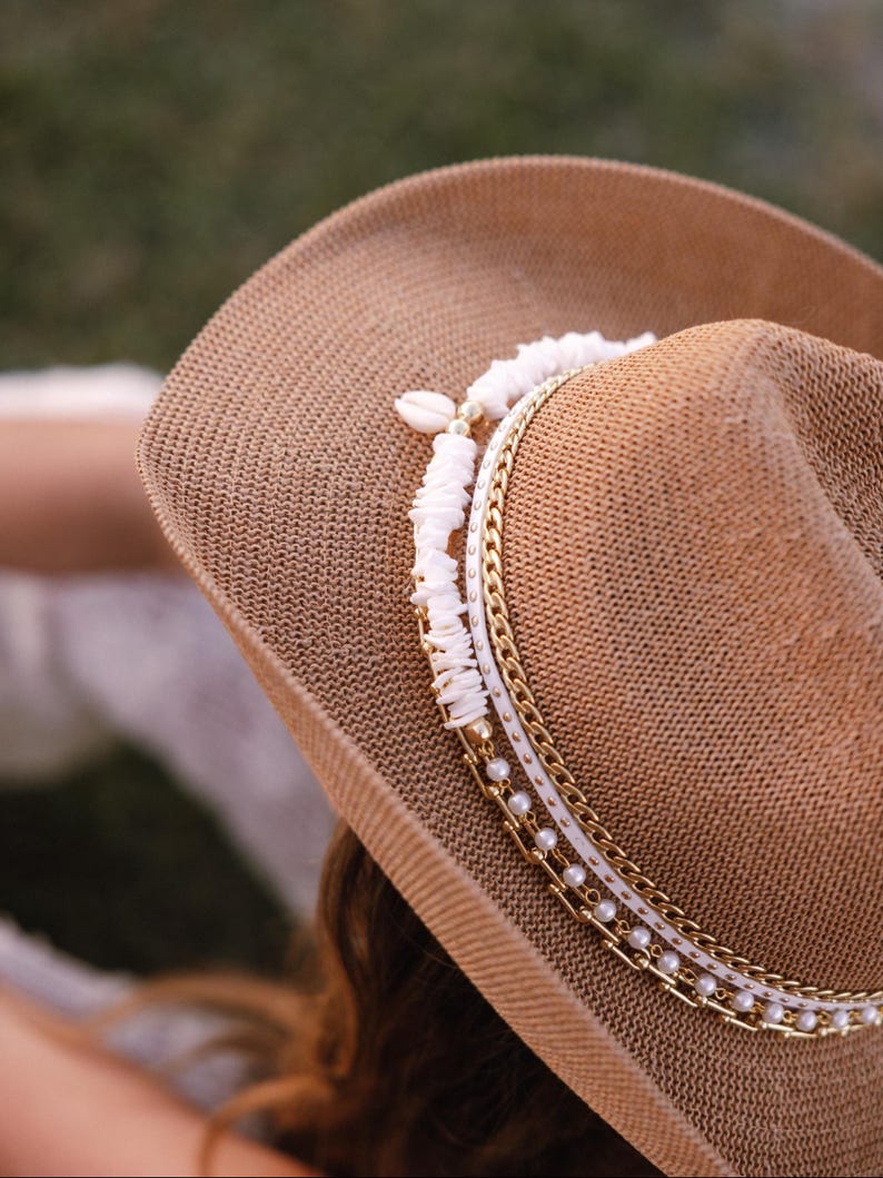 Tan Coastal Cowgirl Jeweled hat Island Luxe Glamourous Shell Beach Vacation Resort wear Bachelorette Chic Tropical Vacation Yacht hat