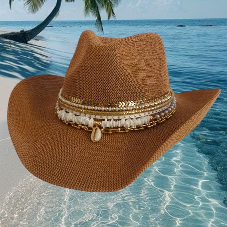 Tan Coastal Cowgirl Jeweled hat Island Luxe Glamourous Shell Beach Vacation Resort wear Bachelorette Chic Tropical Vacation Yacht hat