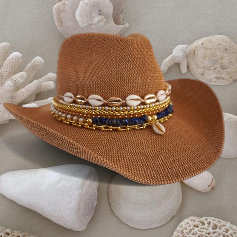 Beach hat Jeweled Cowboy hat Island Lux Coastal Cowgirl Summer Straw Cowgirl hat Custom Shell Resort Wear Tropical Vacation Accessory Glam
