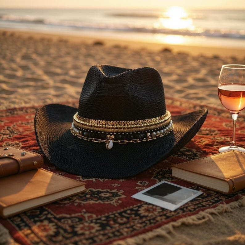 Luxury Black Straw Western Hat Coastal Cowgirl Glam Jeweled Hat Gold & Shell Designer Beaded Beach Hat for Upscale Vacations Festivals