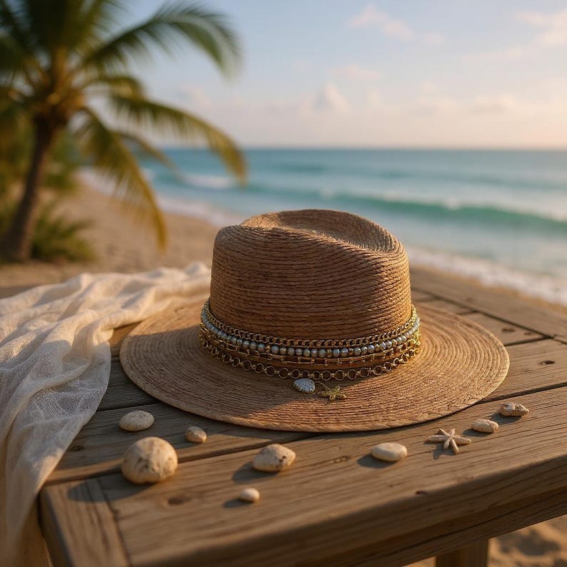 Palm Panama hat Elegant Island Luxe Jeweled Fine Palm Embellished Luxury Glamorous Vacation Hat Resort Wear Summer Chic Decorated Palmita