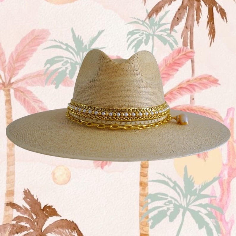 Palm Panama hat Elegant Island Luxe Jeweled Fine Palm Embellished Luxury Glamorous Vacation Hat Resort Wear Summer Chic Decorated Palmita