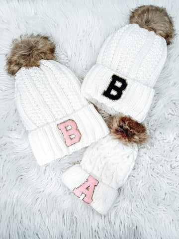 Matching Mommy and me Fur Pom CC Beanie with Custom Chenille Letter Patch- Birthday or Christmas gift Personalized beanie Snow hat