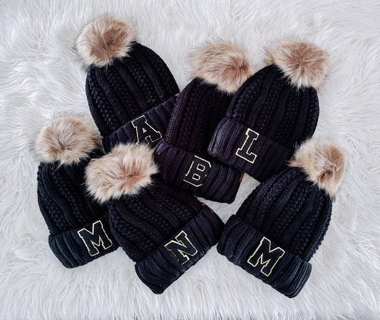 Fur Pom CC Beanie w/ Custom Chenille Letter Patch- Gift For Bridesmaid Bachelorette Letter patch beanie Winter beanie knit hat Kids beanie