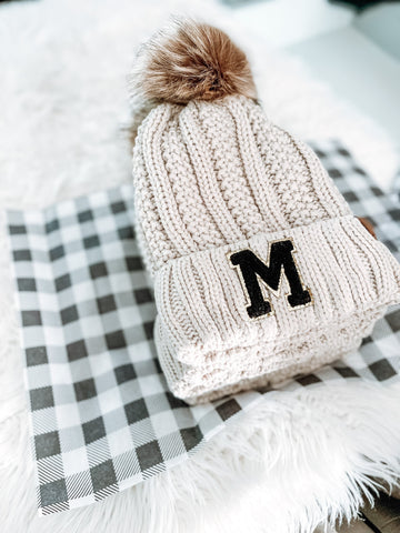 Fur Pom CC Beanie with Custom Chenille Letter Patch- Gift For Bridesmaid or Bachelorette Gift Winter beanie Snow beanie Custom beanie