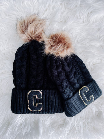 Fur Pom CC Beanie w/ Custom Chenille Letter Patch- Gift For Bridesmaid Bachelorette Letter patch beanie Winter beanie knit hat Kids beanie