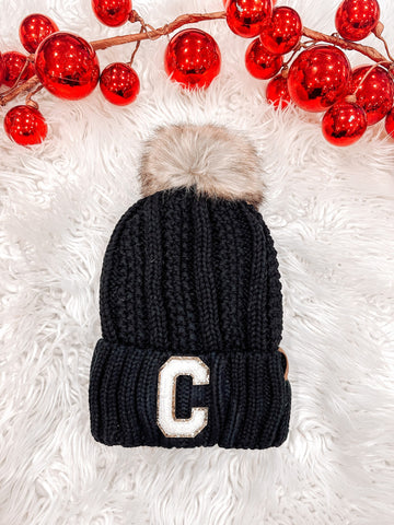 Fur Pom CC Beanie w/ Custom Chenille Letter Patch- Gift For Bridesmaid Bachelorette Letter patch beanie Winter beanie knit hat Kids beanie