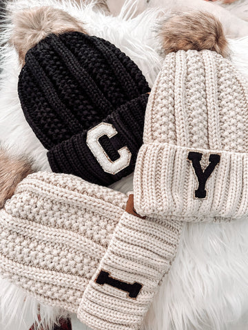 Fur Pom CC Beanie w/ Custom Chenille Letter Patch- Gift For Bridesmaid Bachelorette Letter patch beanie Winter beanie knit hat Kids beanie