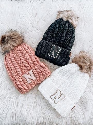 Fur Pom CC Beanie w/ Custom Chenille Letter Patch- Gift For Bridesmaid Bachelorette Letter patch beanie Winter beanie knit hat Kids beanie