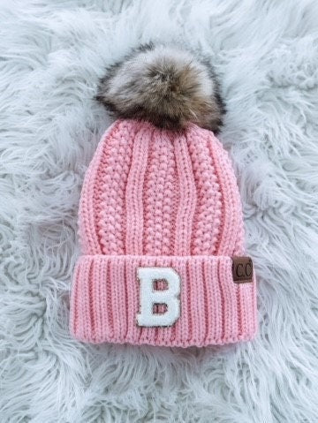 Matching Mom and Me Fur Pom CC Beanie with Custom Chenille Letter Patch- Kids Beanie Women's Beanie Custom Beanie Snow hat Winter beanie