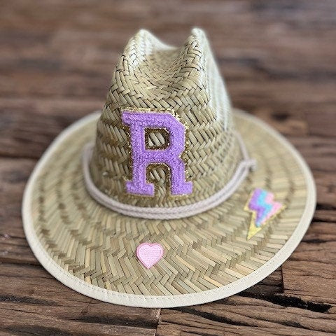 Kids-Youth-Baby Straw Hat Lifeguard Hat Varsity letter patch straw hat Straw Hat For Kids Custom straw hat Initial straw hat Straw beach hat