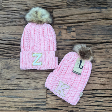 Matching Mom and Me Fur Pom CC Beanie with Custom Chenille Letter Patch- Kids Beanie Women's Beanie Custom Beanie Snow hat Winter beanie