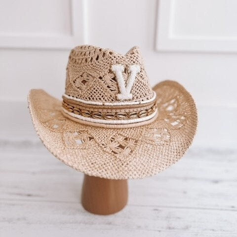 Straw Cowboy Hat Coastal cowgirl hat Cream Cowgirl Hat Beachy cowboy hat Summer Cowboy Hat Western hat Custom cowgirl hat Beaded hat Jeweled