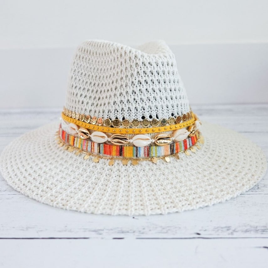 White Fedora Knit Fedora White Panama hat White Summer hat Jeweled hat Customized fedora Personalized Panama hat Wide brim hat Embellished