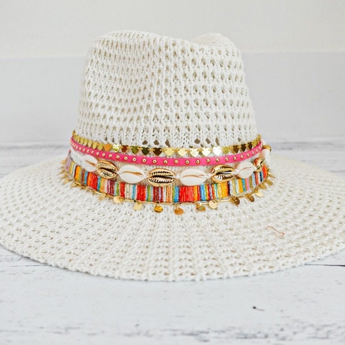 White Fedora Knit Fedora White Panama hat White Summer hat Jeweled hat Customized fedora Personalized Panama hat Wide brim hat Embellished