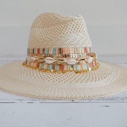 Fedora for women Flat brim hat Knit fedora Custom Fedora Embellished Panama hat Jeweled Panama hat Beach hat Cowrie shell hat  Resort wear