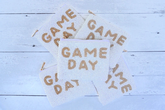 Game Day pouch beaded white coin purse Gameday coin pouch wristlet for game day zipper pouch wallet for game day coin purse white and gold