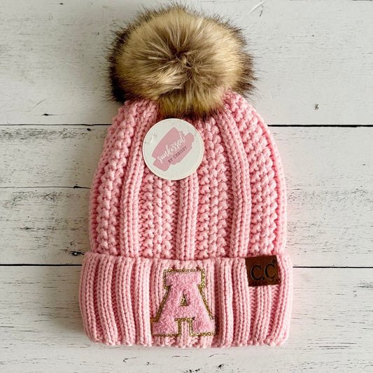 Matching Mom and Me Fur Pom CC Beanie with Custom Chenille Letter Patch- Kids Beanie Women's Beanie Custom Beanie Snow hat Winter beanie