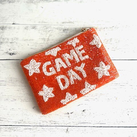 Game Day pouch beaded white coin purse Gameday coin pouch wristlet for game day zipper pouch wallet for game day coin purse white and gold