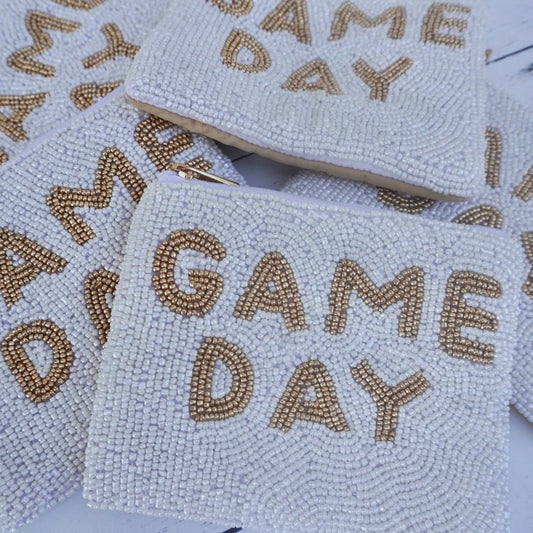 Game Day pouch beaded white coin purse Gameday coin pouch wristlet for game day zipper pouch wallet for game day coin purse white and gold