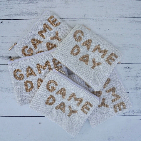 Game Day pouch beaded white coin purse Gameday coin pouch wristlet for game day zipper pouch wallet for game day coin purse white and gold